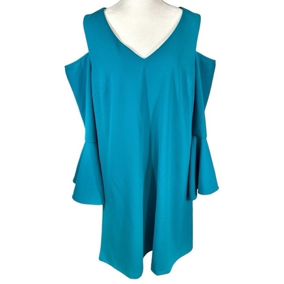 Lane Bryant- Teal Cold Shoulder Dress w/ Fit and Flare Sleeve- Size 14 - Picture 1 of 9